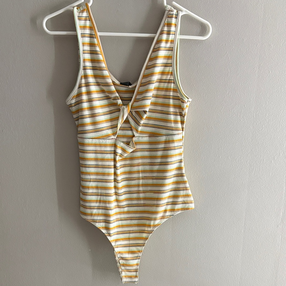 Striped Yellow & White Twist-Front Bodysuit